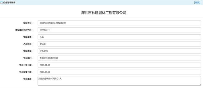 威客电竞发生安全事故致1死深圳市林建园林工程有限公司被红色警示3个月(图2)